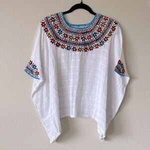 margot White Embroidered Boho Poncho with Multicolor Floral Yoke